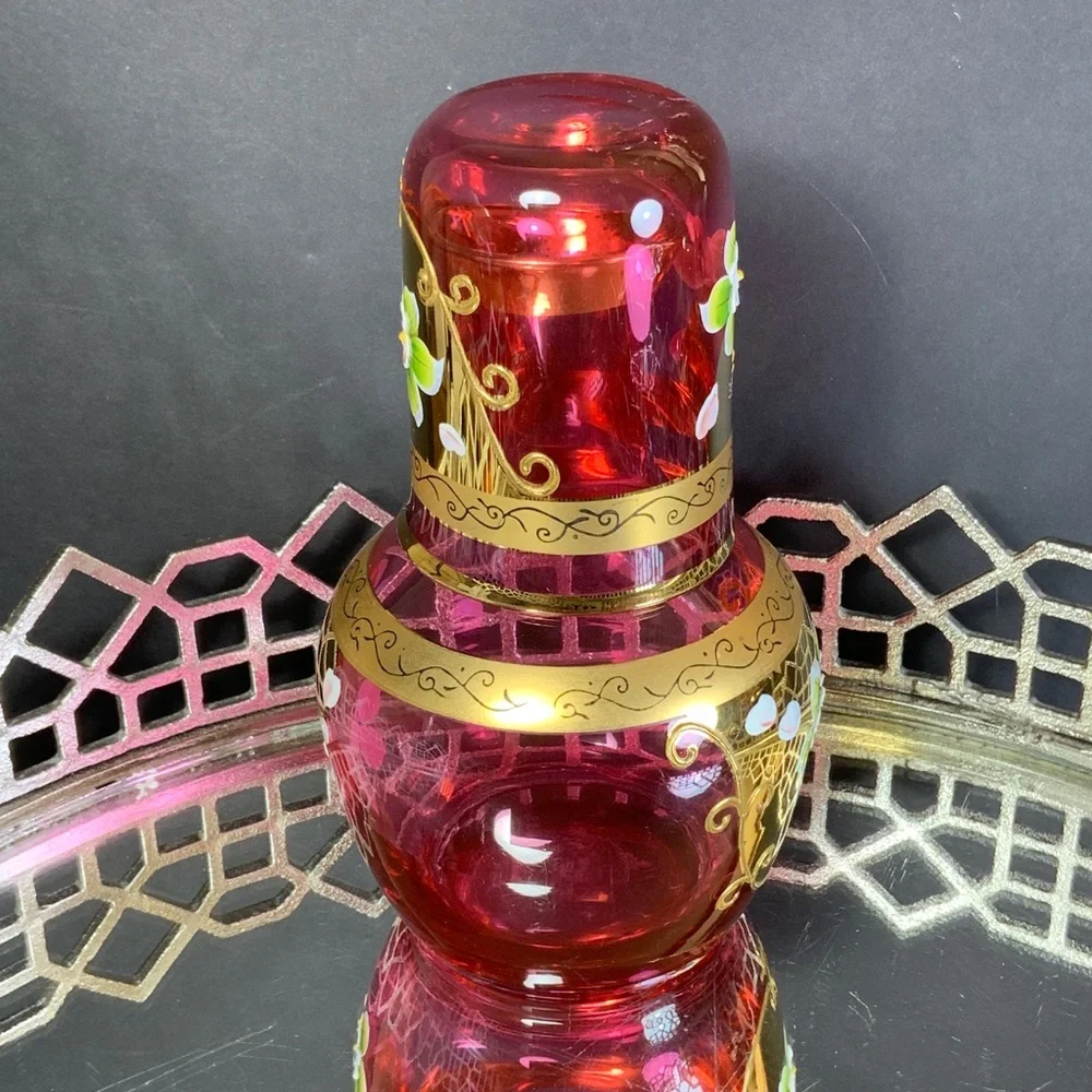 Czech Cranberry Tumble Up Bohemia Gold Guilt Applied Flowers Water Set #N1 - Picture 3 of 9